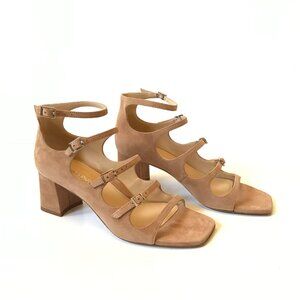 NEW Marion Parke Francine Sandals Heels Womens 37 7 Caramel Tan Suede Buckle NEW